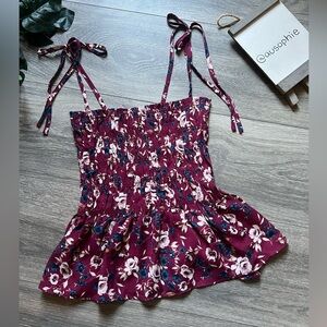 Paper Crane Floral Burgundy Flounce Hem Spaghetti Strap Smocked Top. Size XS